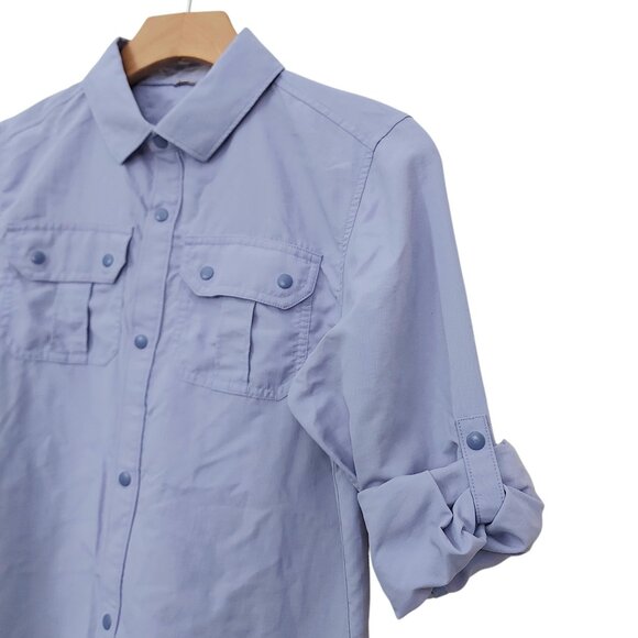 Rei-coop Ripstop Shirt Kids 14-16 Blue Roll Tab Sleeve Snaps Outdoor Hiking - Picture 4 of 12